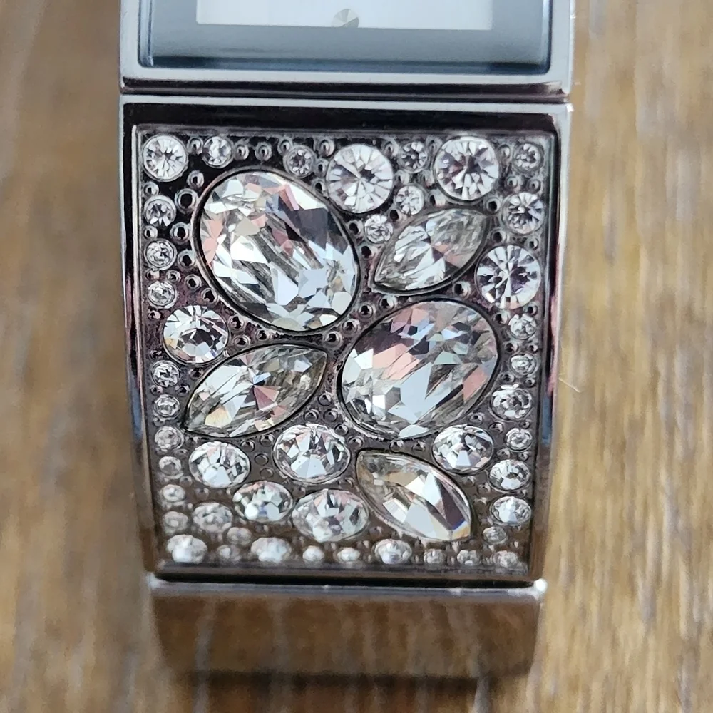 NWT Guess Silver Tone Rhinestone Bangle Watch with Pouch